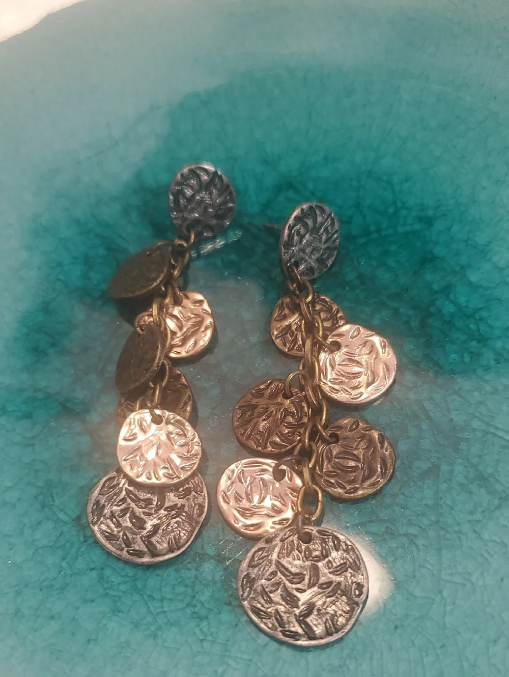 Dangling Textured Disc Drop Earrings - Gold and Silver D